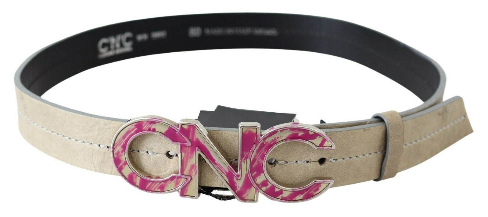 Costume National Beige Leather Pink Letter Logo Buckle Belt Costume National