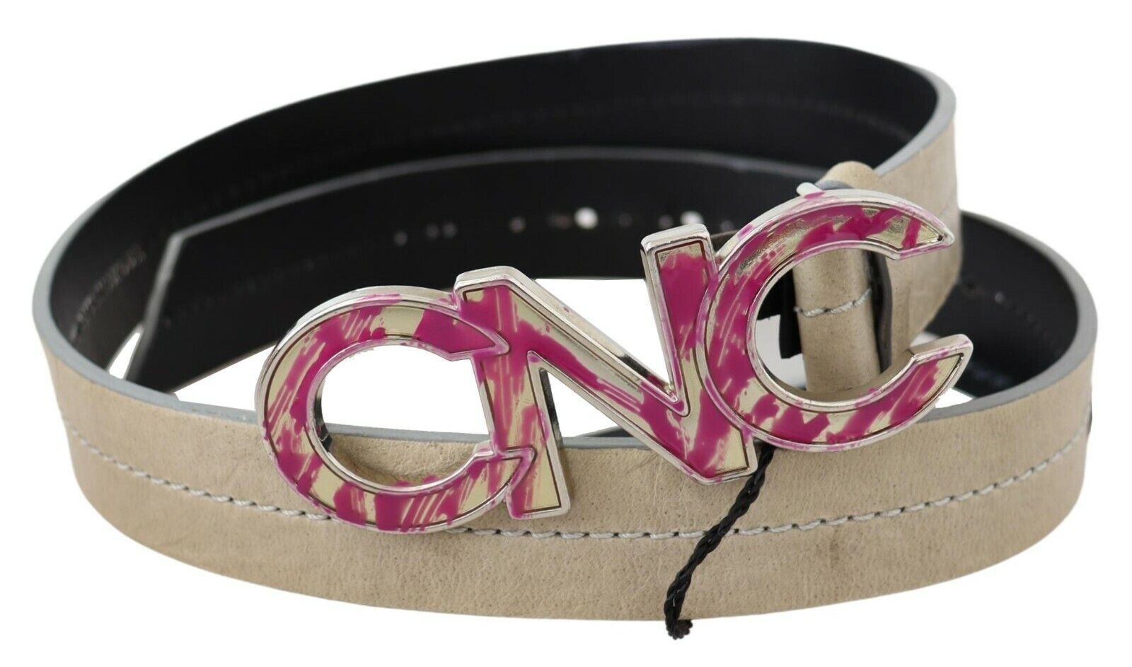 Costume National Beige Leather Pink Letter Logo Buckle Belt Costume National
