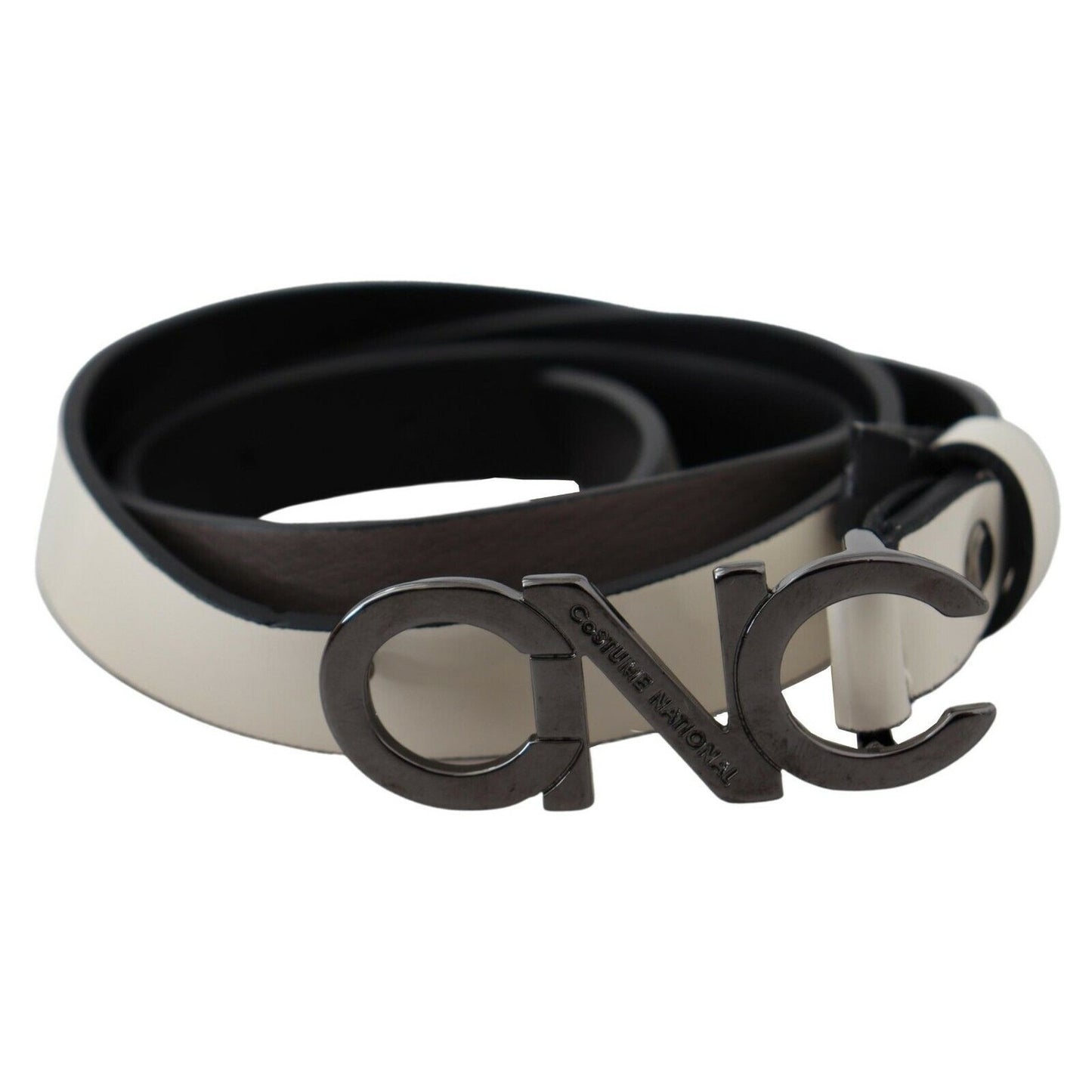 Costume National White Black Leather Letter Logo Buckle Belt
