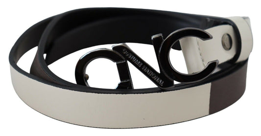 Costume National White Black Leather Letter Logo Buckle Belt Costume National