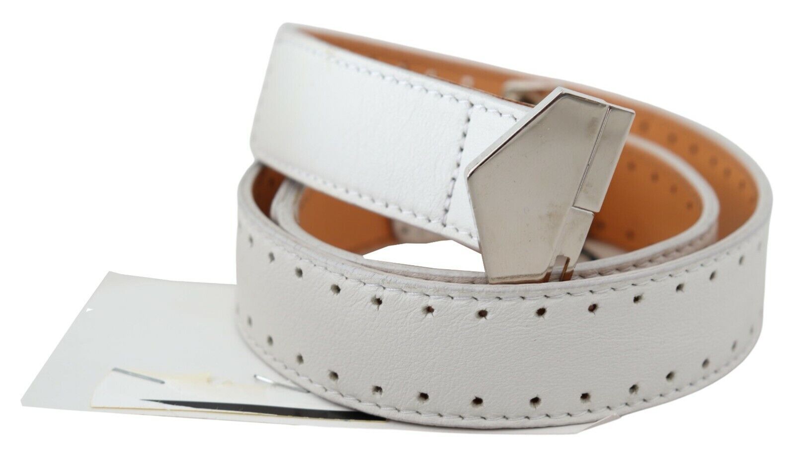 GF Ferre White Leather Hexagon Logo Buckle Waist Belt GF Ferre