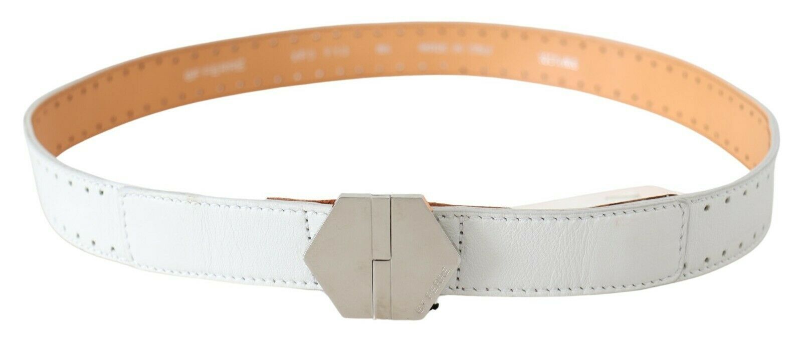 GF Ferre White Leather Hexagon Logo Buckle Waist Belt GF Ferre