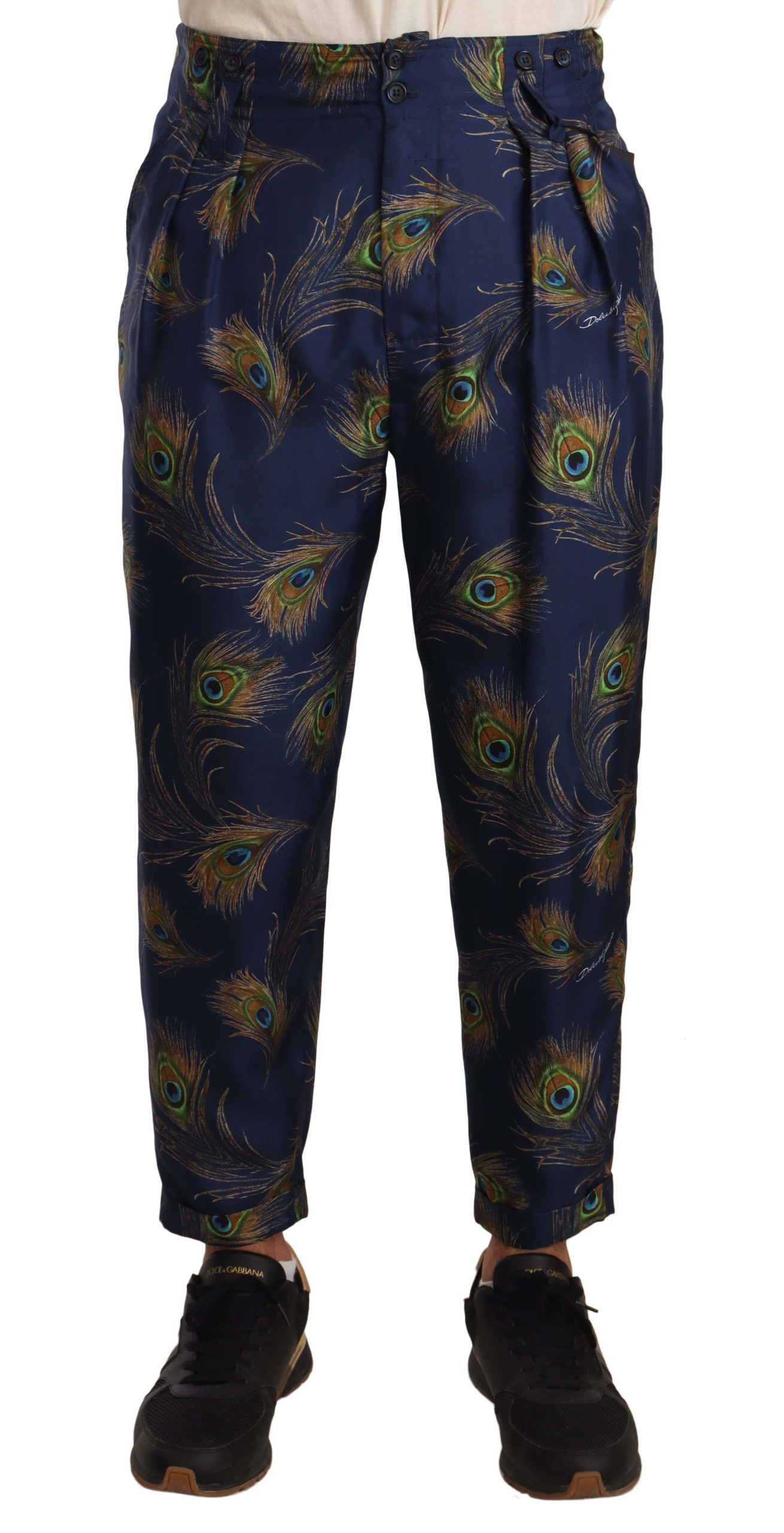 Dolce & Gabbana Blue Peacock Print Tapered Trousers Silk Pants Dolce & Gabbana