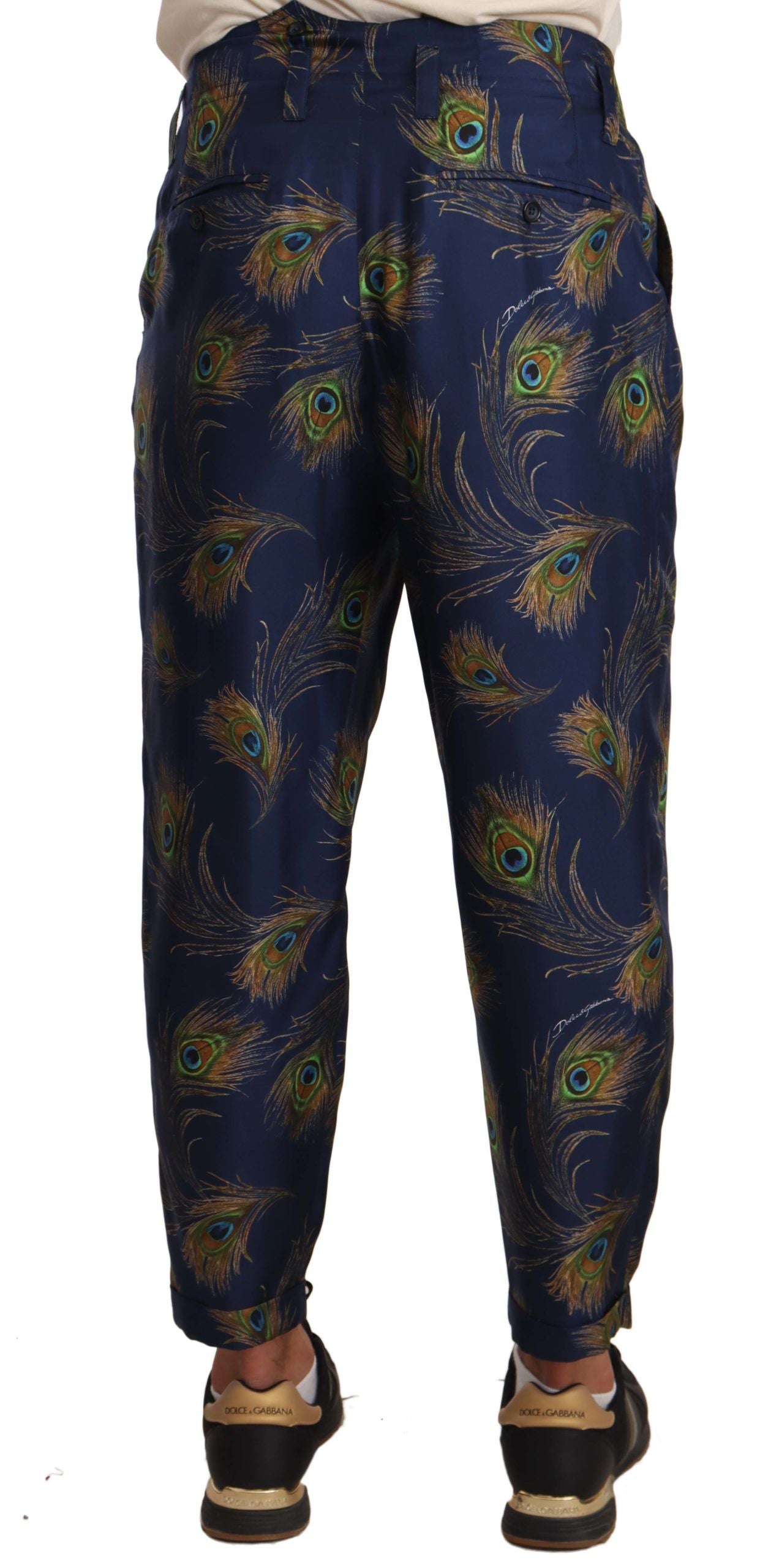 Dolce & Gabbana Blue Peacock Print Tapered Trousers Silk Pants Dolce & Gabbana