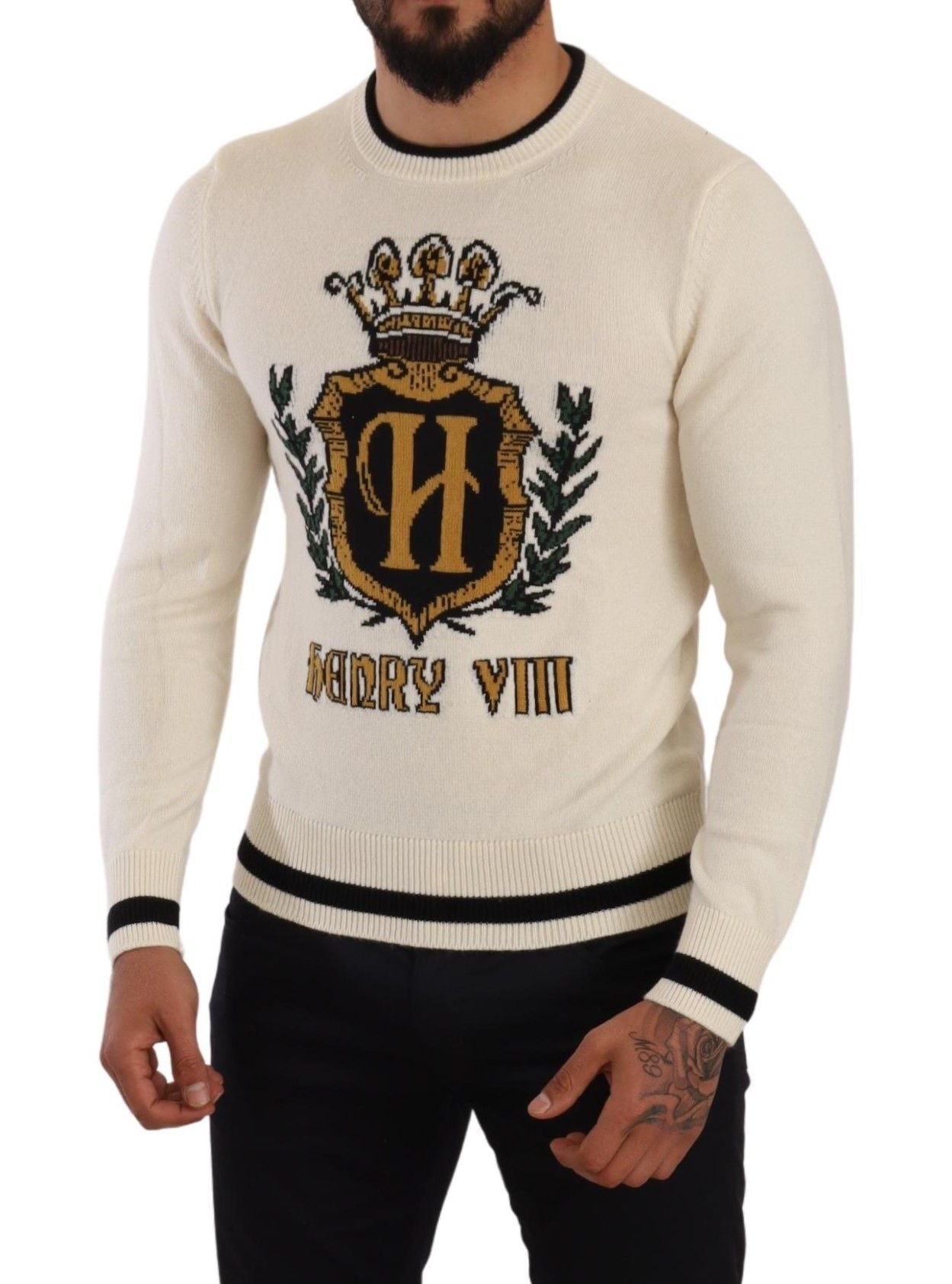 Dolce & Gabbana White Heraldic Cashmere Pullover Sweater Dolce & Gabbana