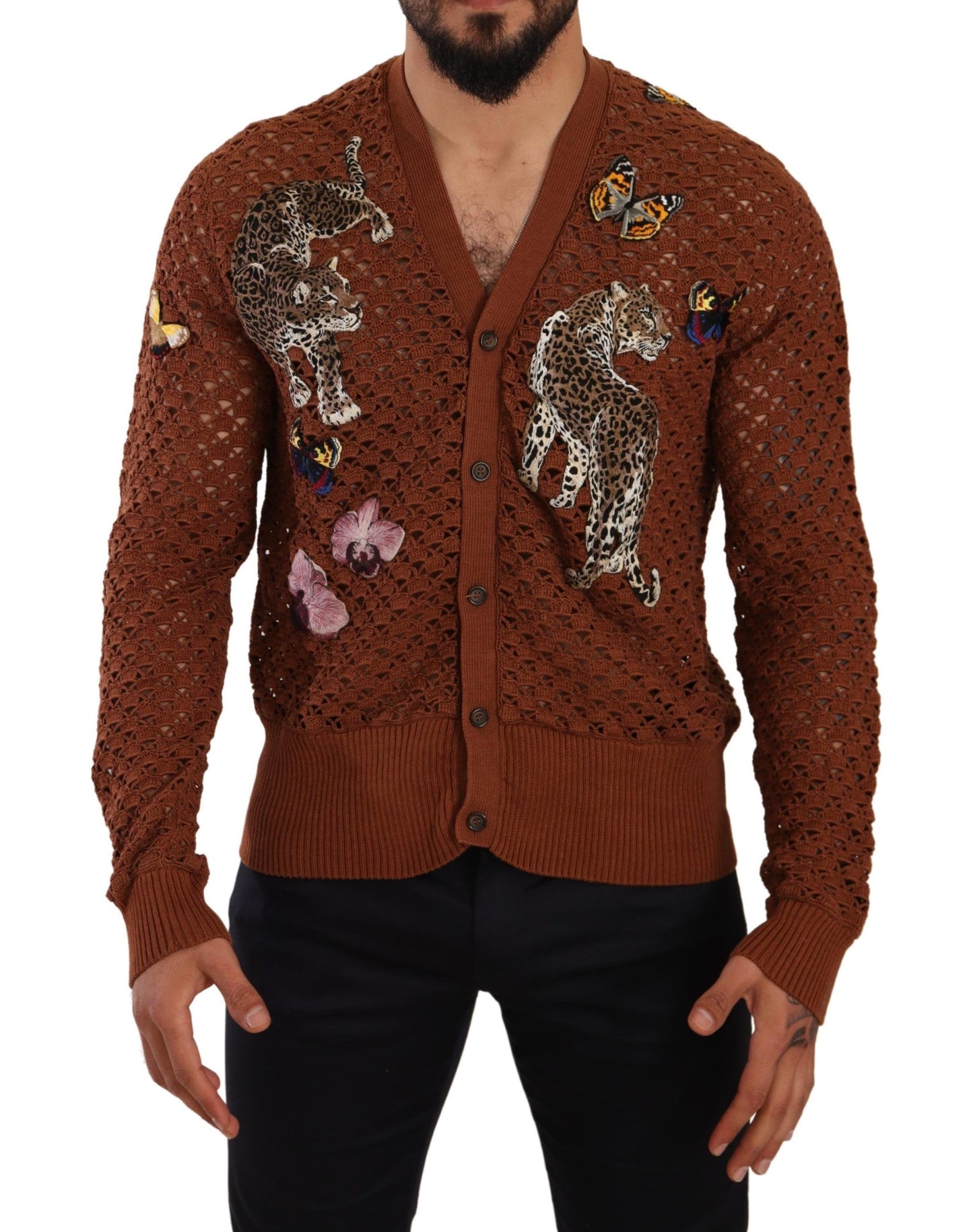 Dolce & Gabbana Brown Leopard Butterfly Cardigan Sweater Dolce & Gabbana