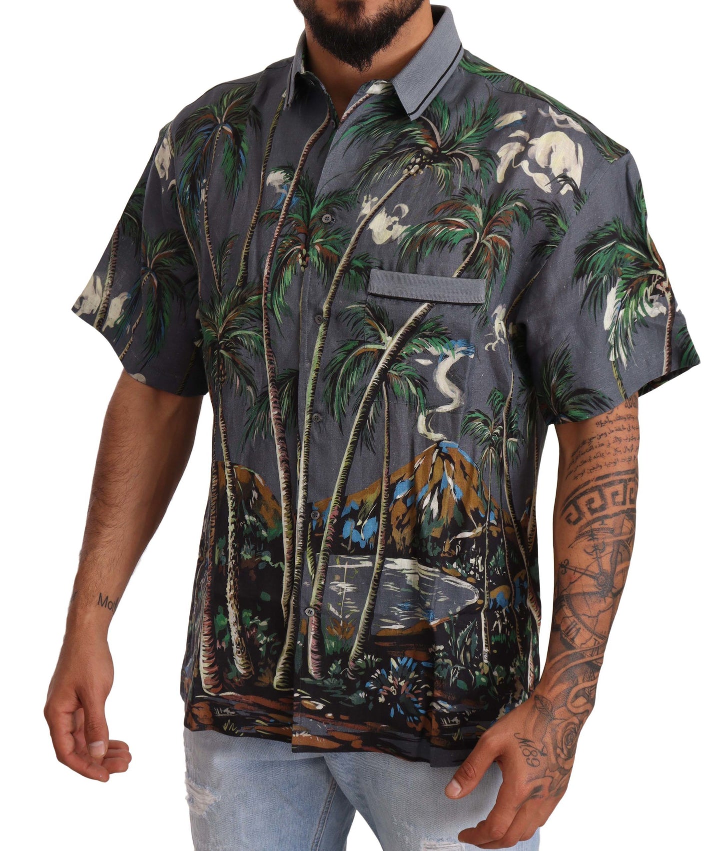 Dolce & Gabbana Gray Linen Tropical Print Collared Shirt Dolce & Gabbana