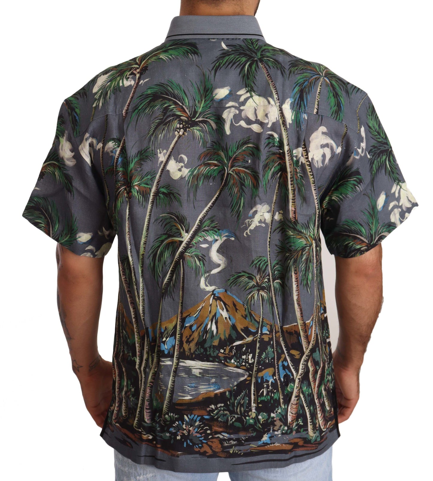 Dolce & Gabbana Gray Linen Tropical Print Collared Shirt Dolce & Gabbana