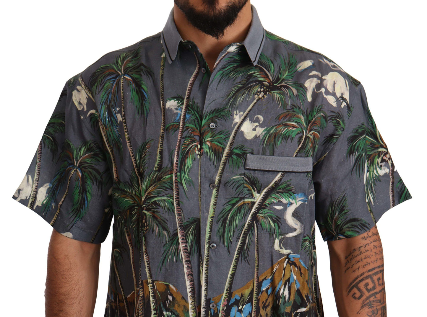 Dolce & Gabbana Gray Linen Tropical Print Collared Shirt Dolce & Gabbana