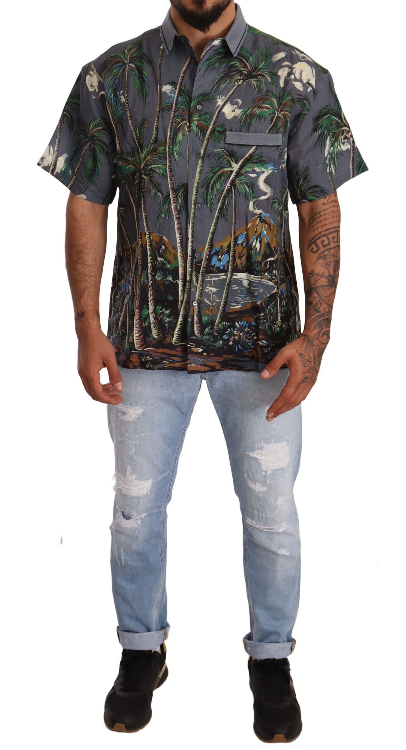 Dolce & Gabbana Gray Linen Tropical Print Collared Shirt Dolce & Gabbana