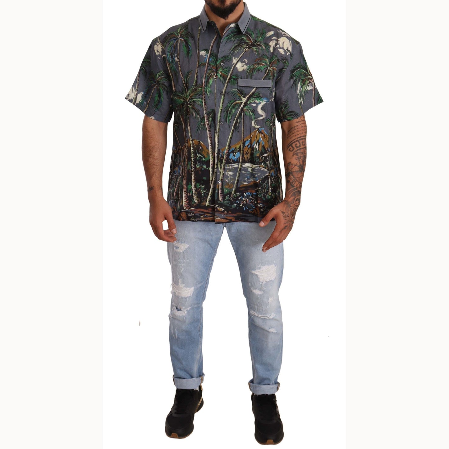 Dolce & Gabbana Gray Linen Tropical Print Collared Shirt