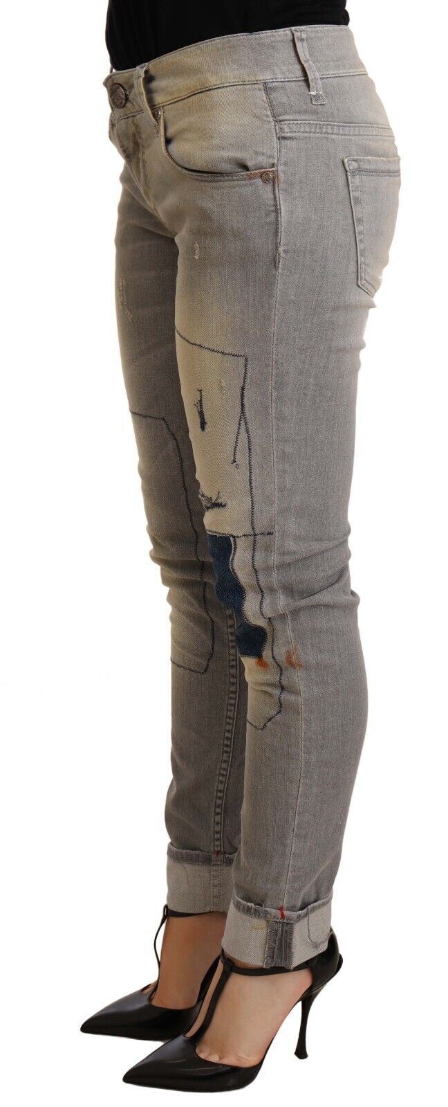 Acht Gray Cotton Slim Fit Folded Hem Women Denim Pant Acht