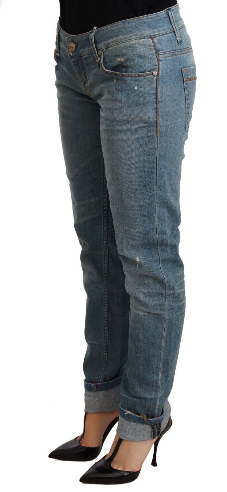 Acht Blue Washed Cotton Folded Hem Women Trouser Acht