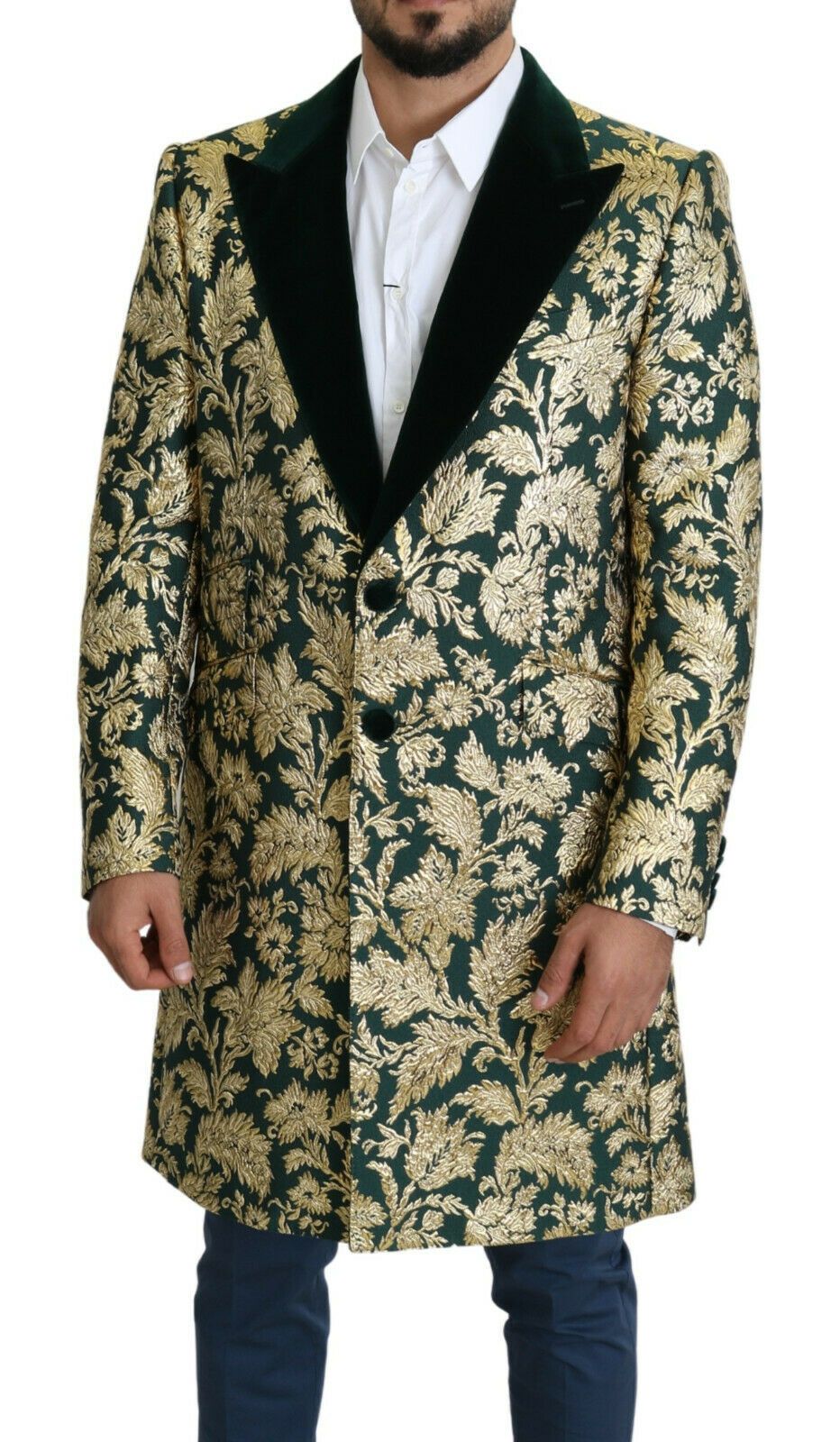 Dolce & Gabbana DOLCE & GABBANA Jacket SICILIA Green Gold Jacquard Long Coat Dolce & Gabbana