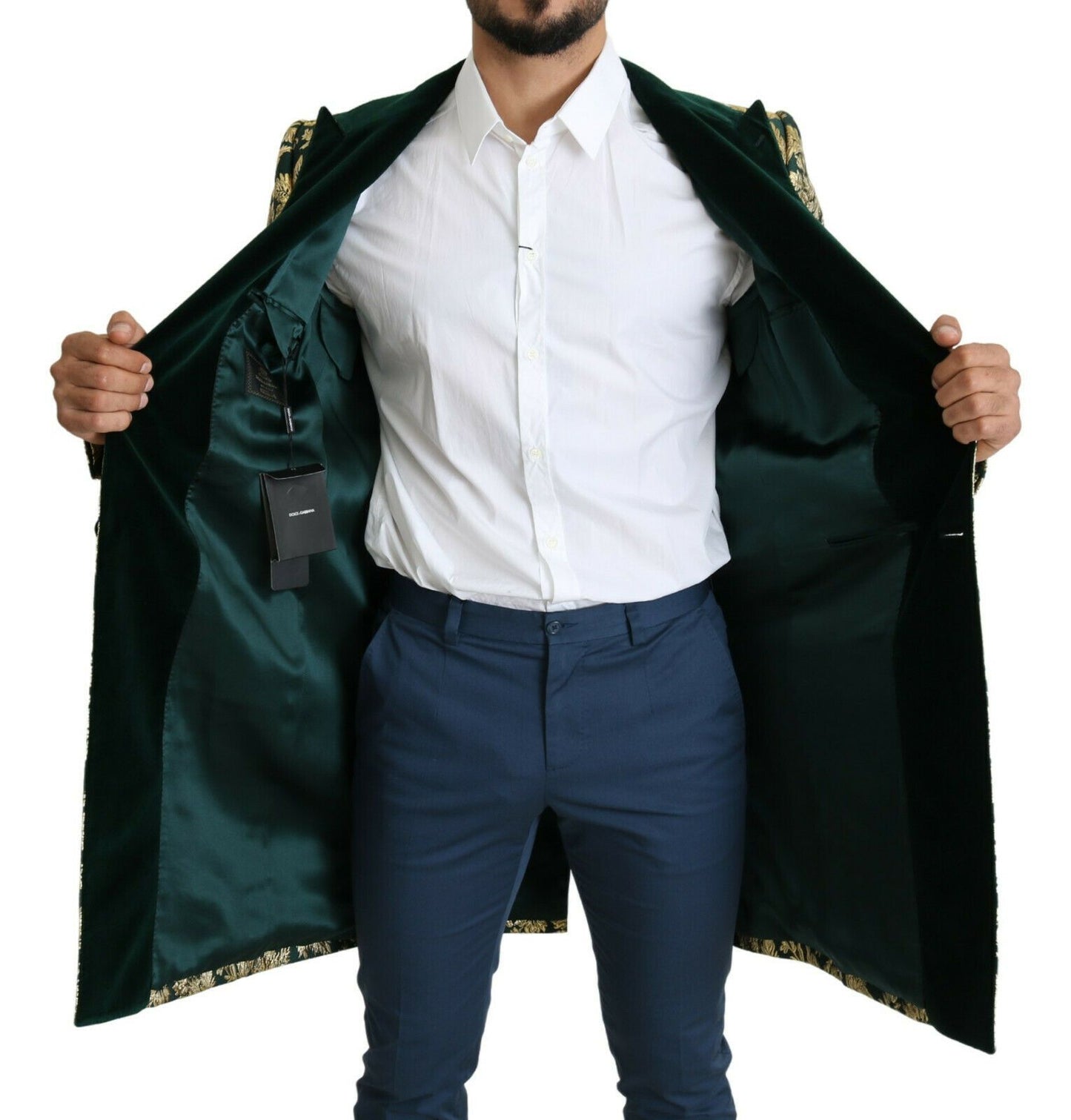 Dolce & Gabbana DOLCE & GABBANA Jacket SICILIA Green Gold Jacquard Long Coat Dolce & Gabbana