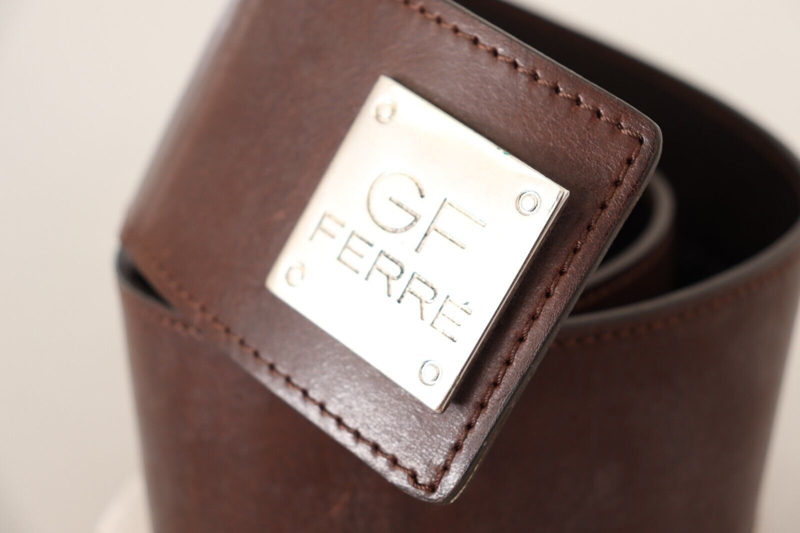 GF Ferre Brown Genuine Leather Wide Logo Buckle Waist Belt GF Ferre