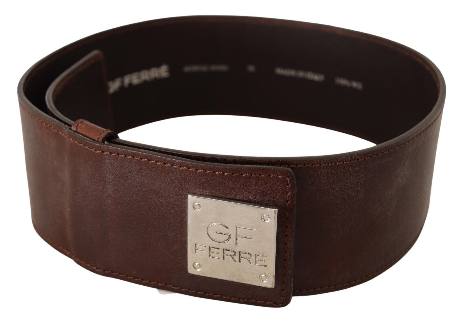 GF Ferre Brown Genuine Leather Wide Logo Buckle Waist Belt GF Ferre