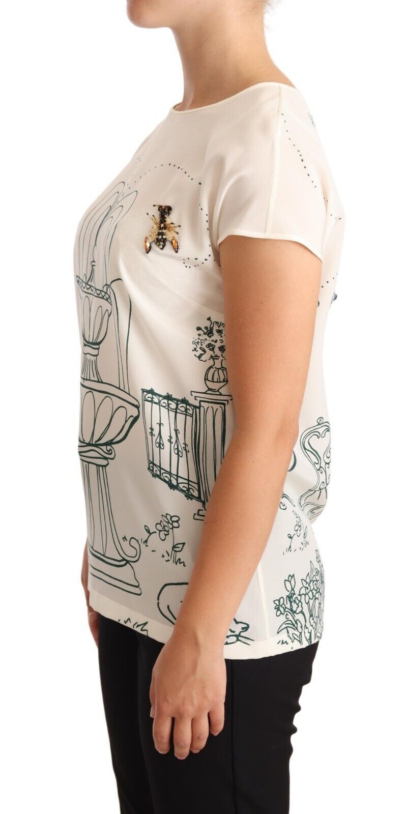 Dolce & Gabbana White Silk Garden Fountain T-Shirt Blouse Dolce & Gabbana