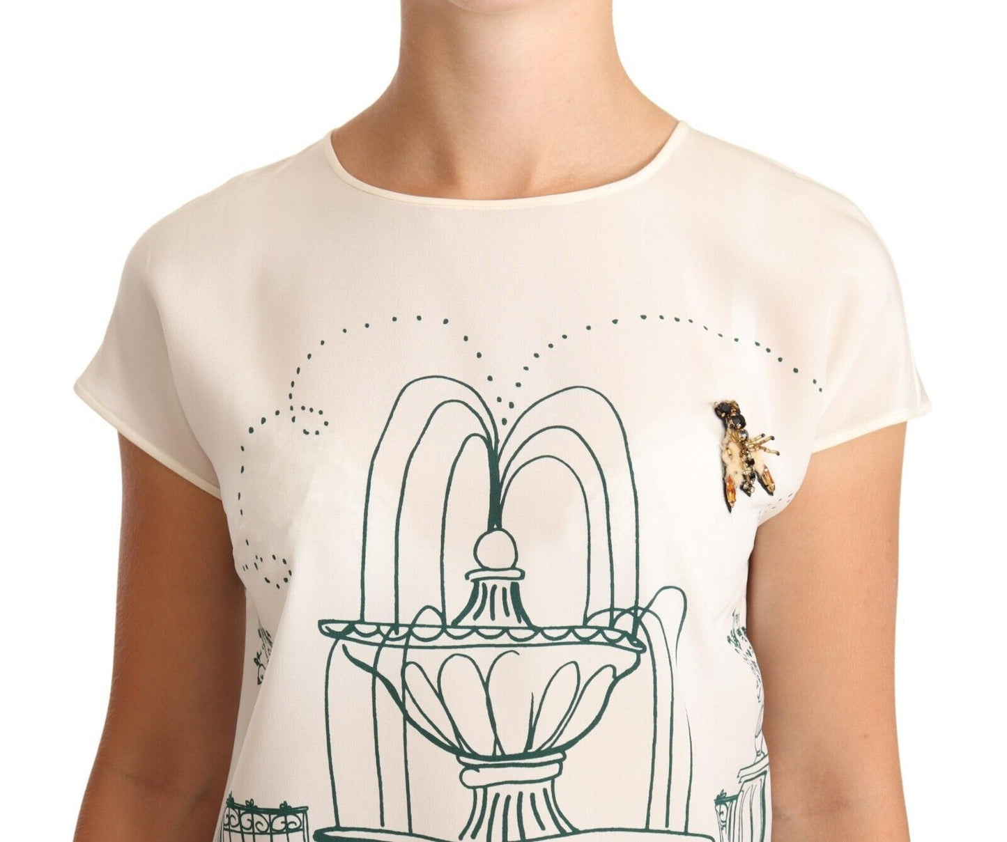 Dolce & Gabbana White Silk Garden Fountain T-Shirt Blouse Dolce & Gabbana