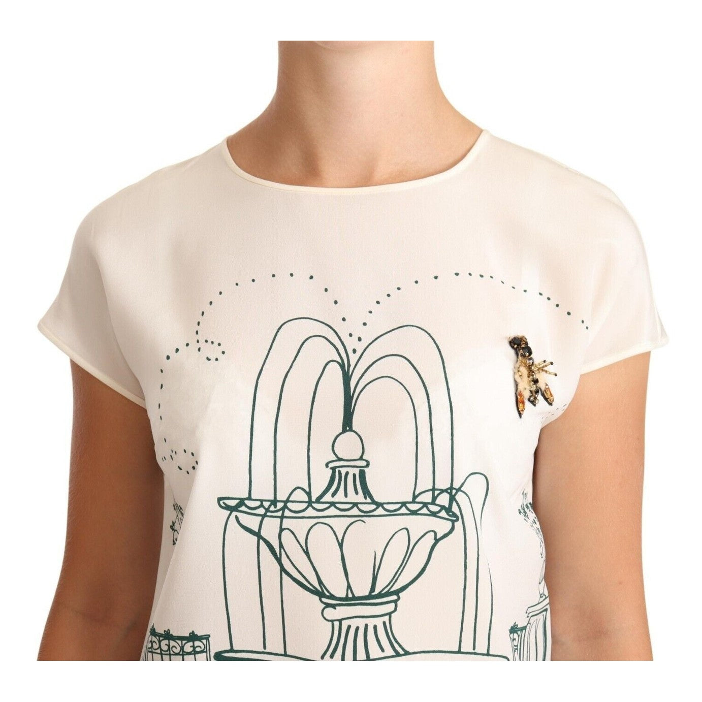 Dolce & Gabbana White Silk Garden Fountain T-Shirt Blouse