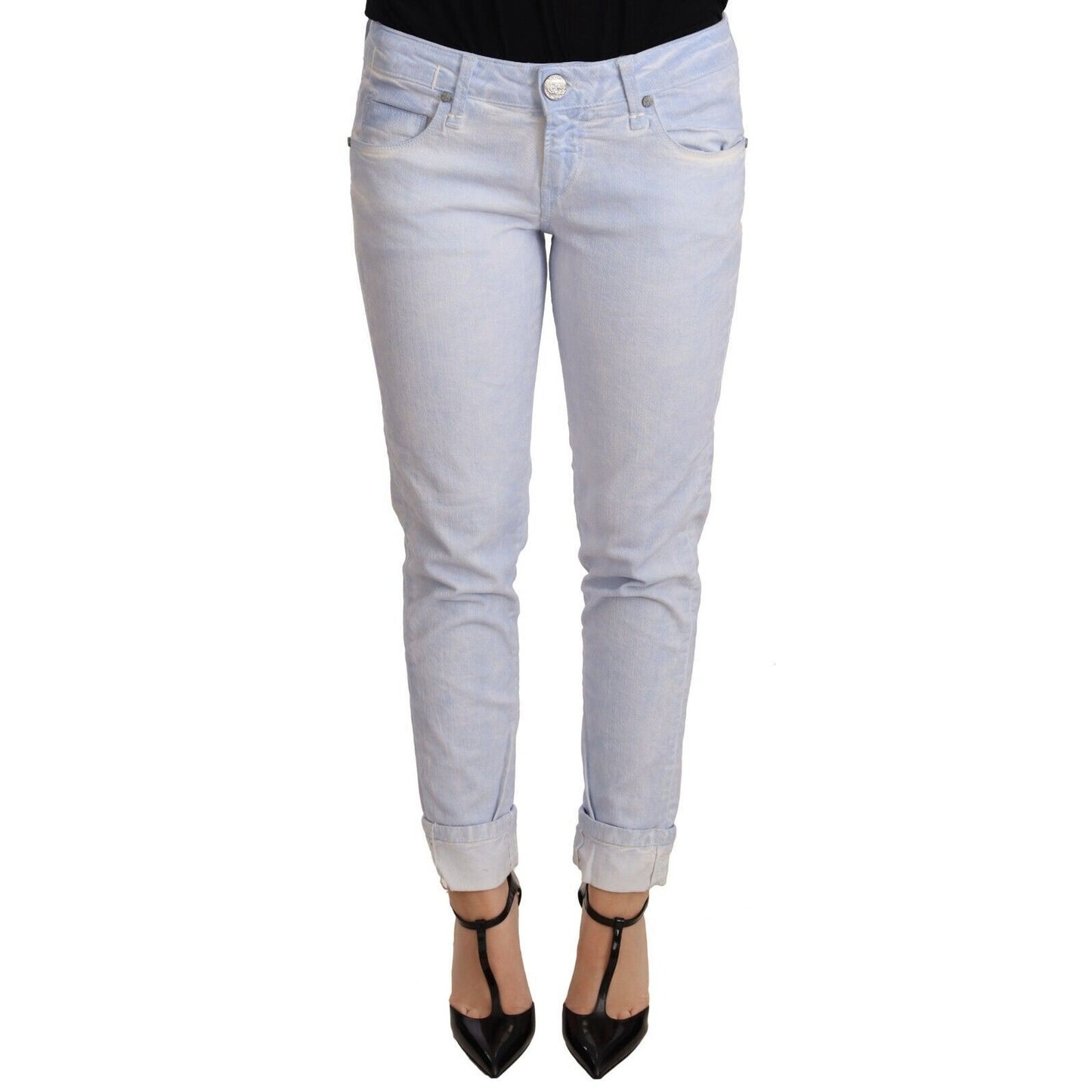 Acht Light Blue Cotton Folded Hem Denim Skinny Women Trouser Jeans Acht