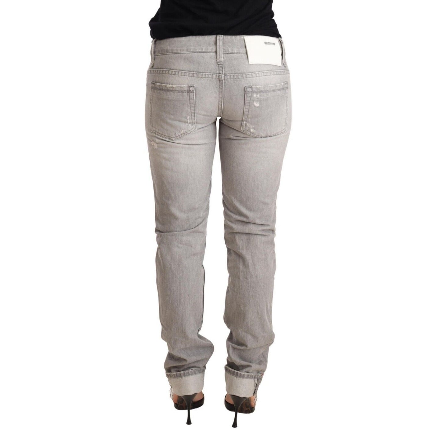Acht Gray Tattered Cotton Slim Fit Folded Hem Women Denim Jeans Acht