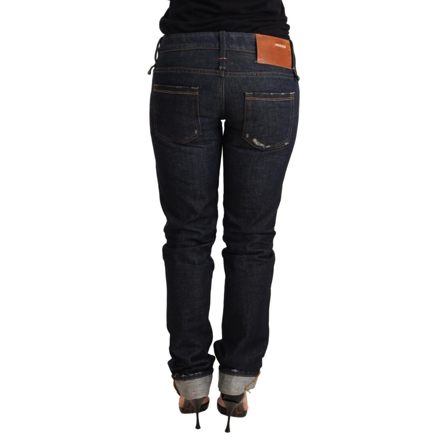 Acht Dark Blue Cotton Slim Fit Folded Hem Women Denim Trouser Jeans