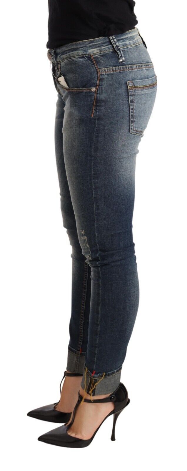 Acht Blue Washed Cotton Low Waist Skinny Denim Women Trouser Jeans Acht