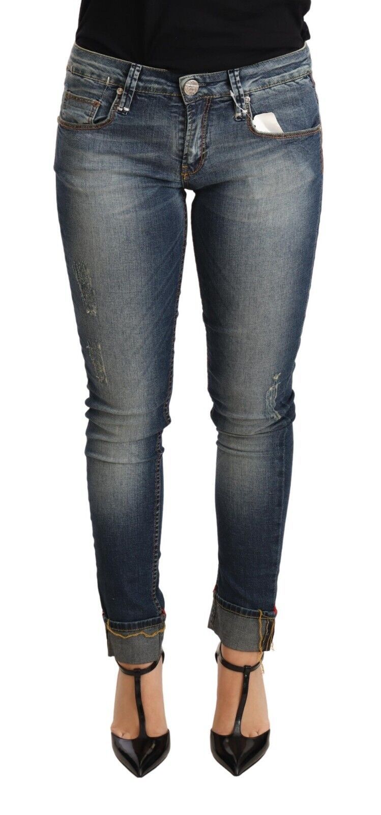Acht Blue Washed Cotton Low Waist Skinny Denim Women Trouser Jeans Acht