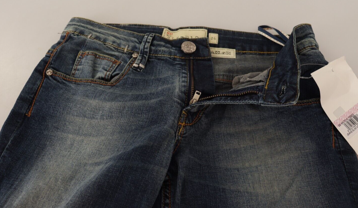 Acht Blue Washed Cotton Low Waist Skinny Denim Women Trouser Jeans Acht