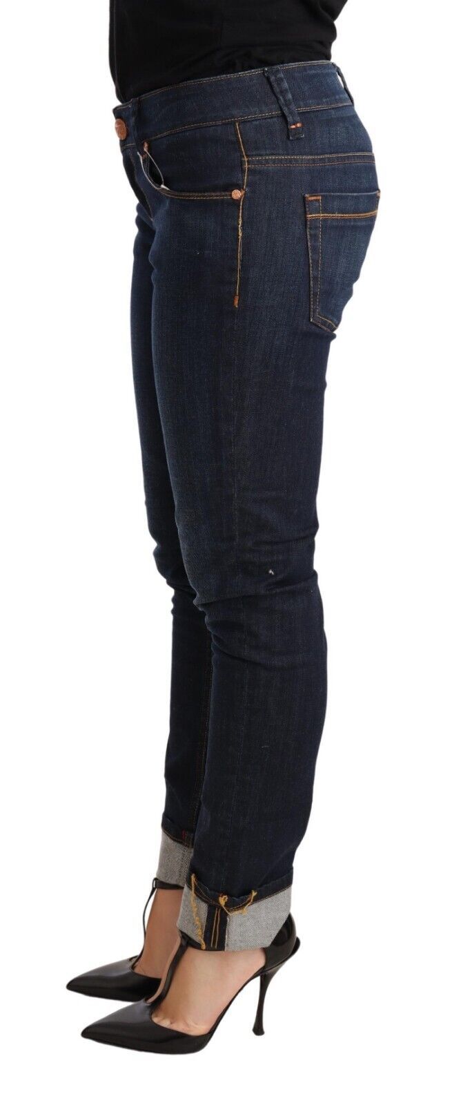 Acht Blue Washed Cotton Low Waist Skinny Denim Women Trouser Jeans Acht