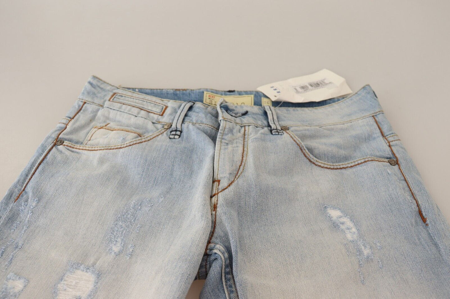 Acht Light Blue Distressed Cotton Folded Hem Denim Trouser Jeans Acht