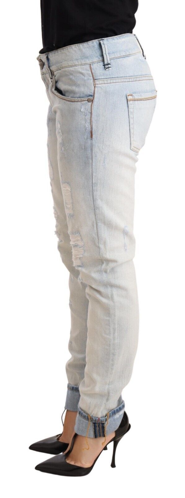 Acht Light Blue Distressed Cotton Folded Hem Denim Trouser Jeans Acht