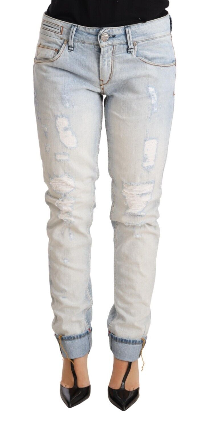 Acht Light Blue Distressed Cotton Folded Hem Denim Trouser Jeans Acht