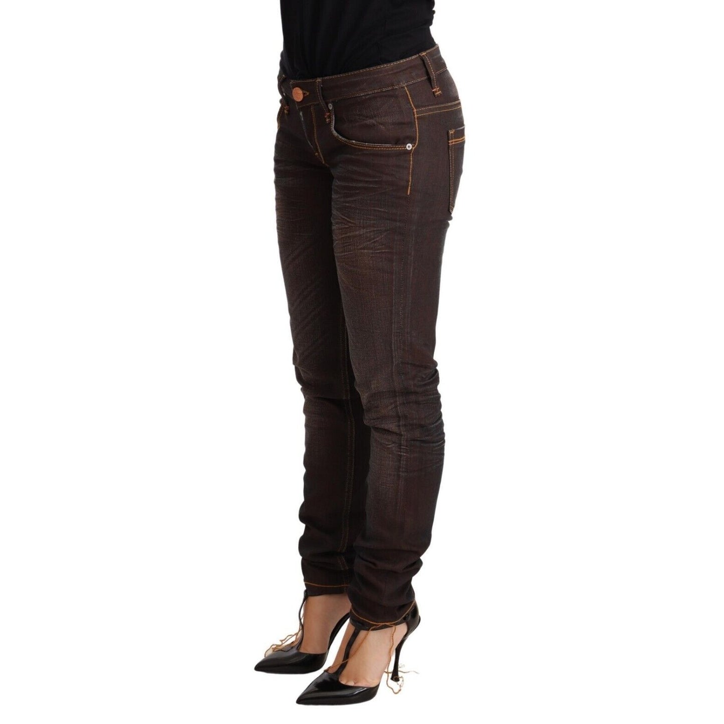 Acht Brown Washed Cotton Slim Fit Denim Low Waist Trouser Jeans