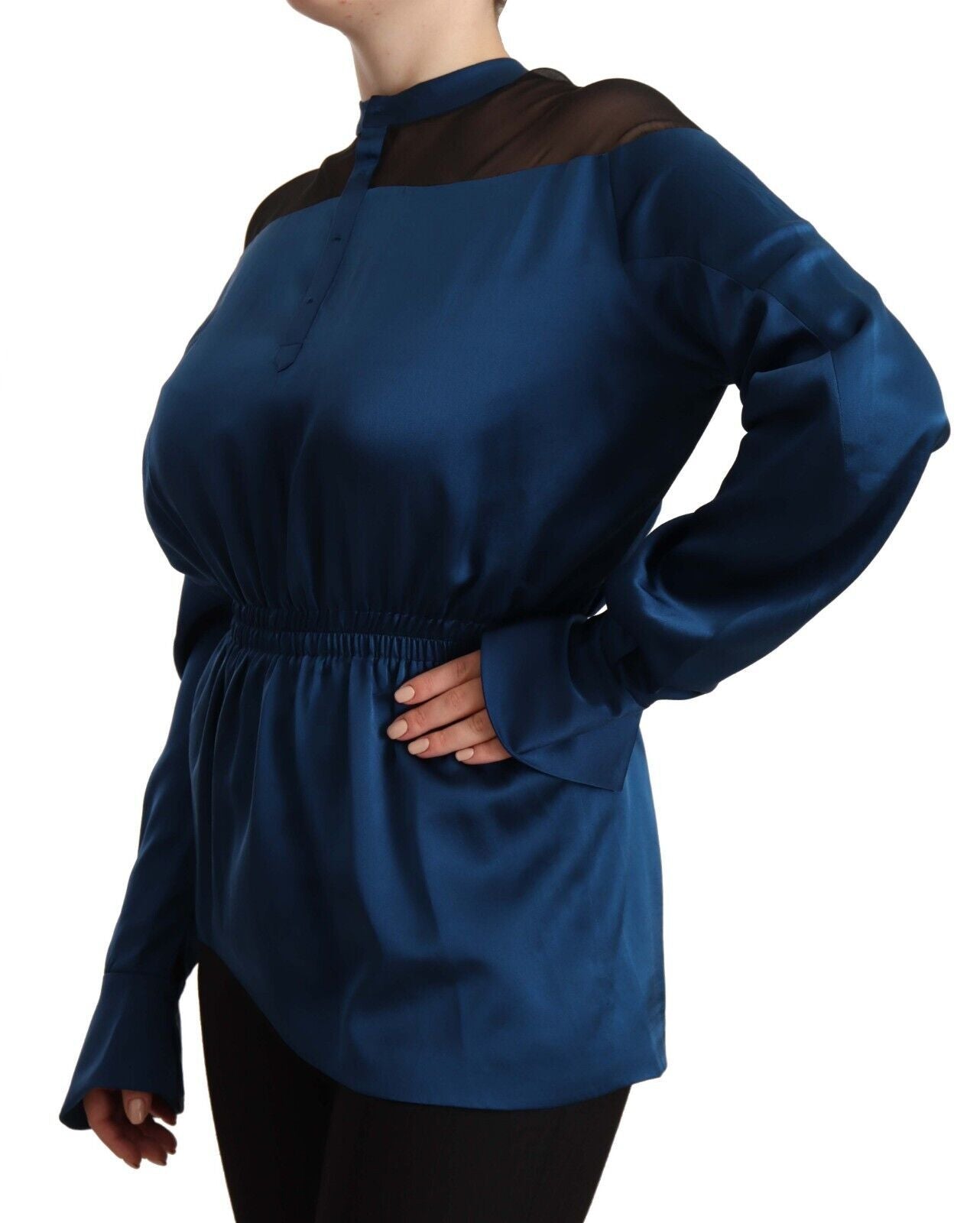 Masha Ma Blue Silk Long Sleeves Elastic Waist Top Blouse Masha Ma