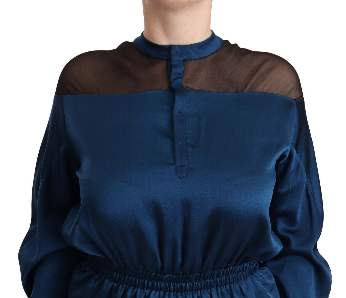 Masha Ma Blue Silk Long Sleeves Elastic Waist Top Blouse Masha Ma
