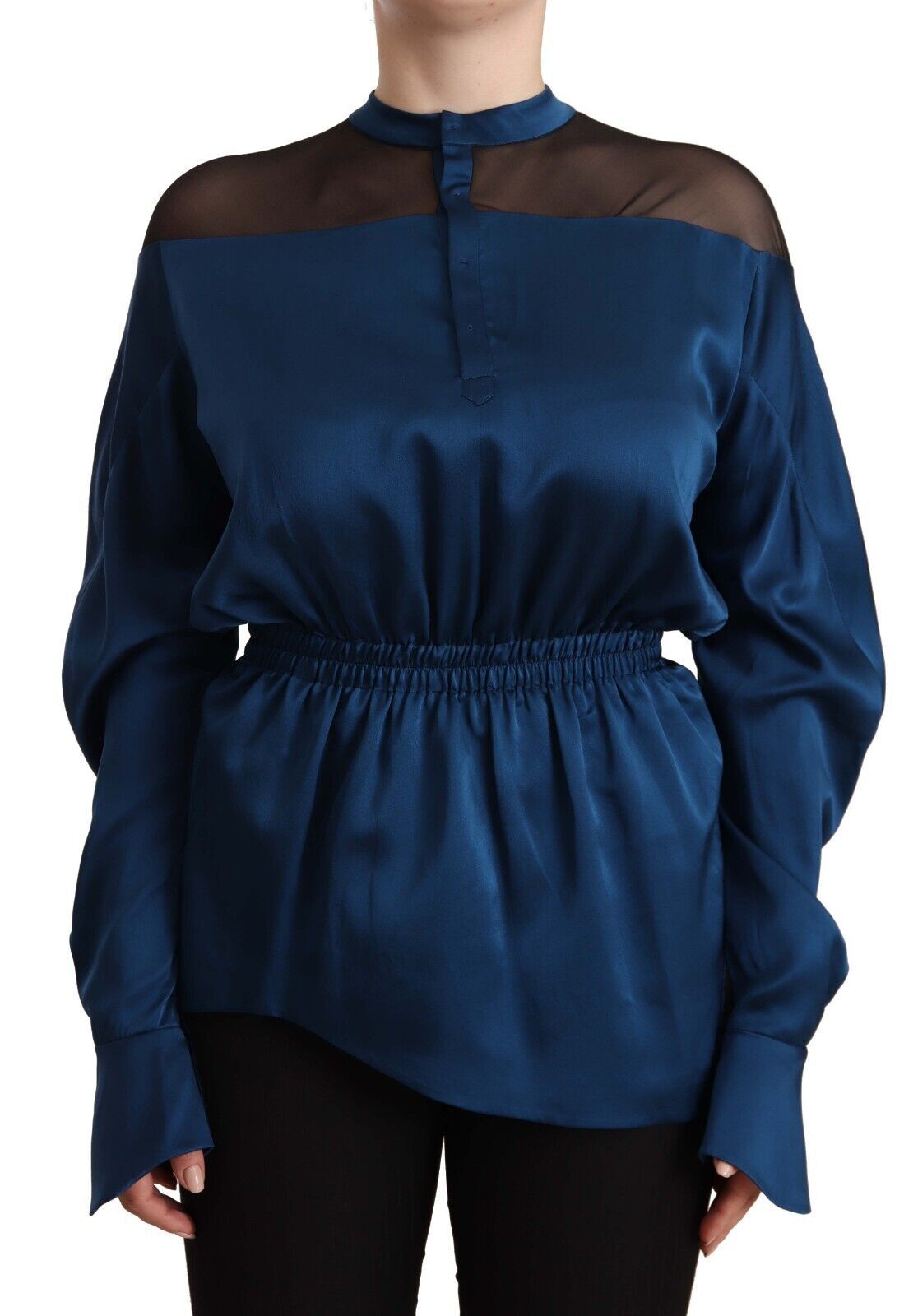 Masha Ma Blue Silk Long Sleeves Elastic Waist Top Blouse Masha Ma