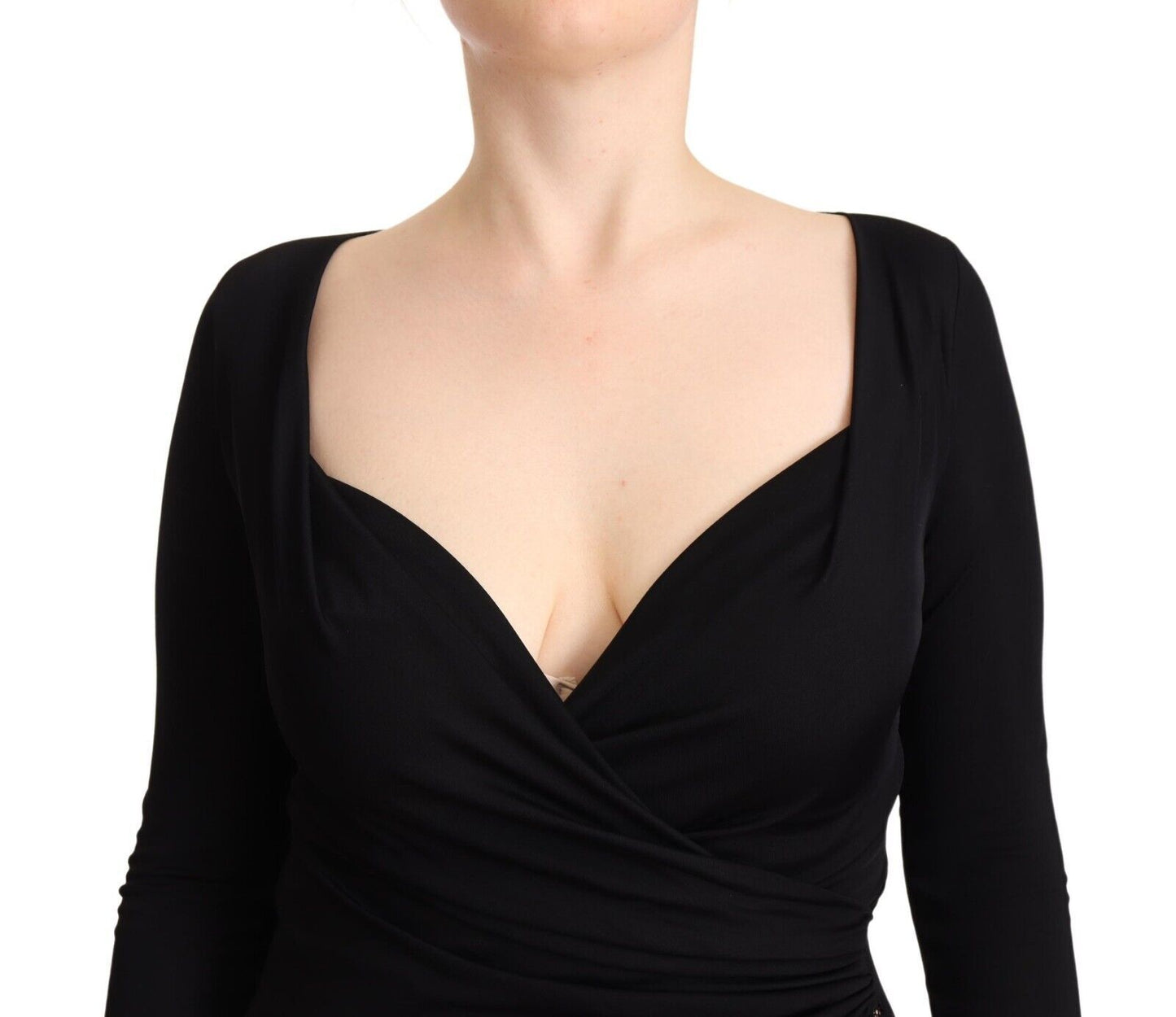 GF Ferre Black Long Sleeves Sweetheart Neck Midi Dress GF Ferre