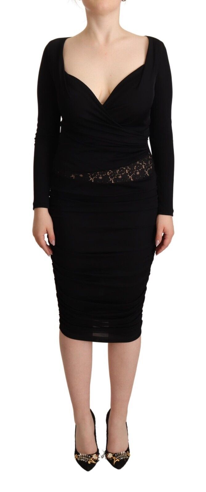 GF Ferre Black Long Sleeves Sweetheart Neck Midi Dress GF Ferre