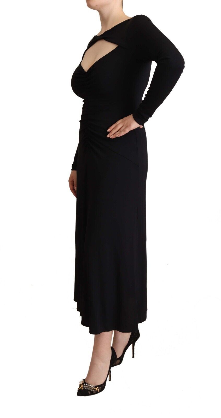 PINKO Black Nylon Stretch Long Sleeves Deep V-neck Maxi Dress PINKO