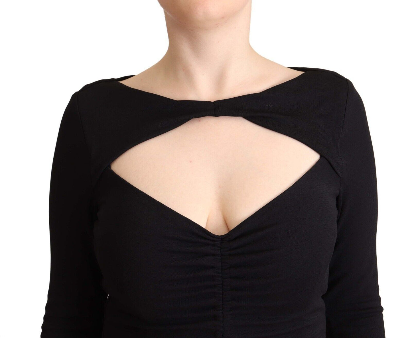 PINKO Black Nylon Stretch Long Sleeves Deep V-neck Maxi Dress PINKO