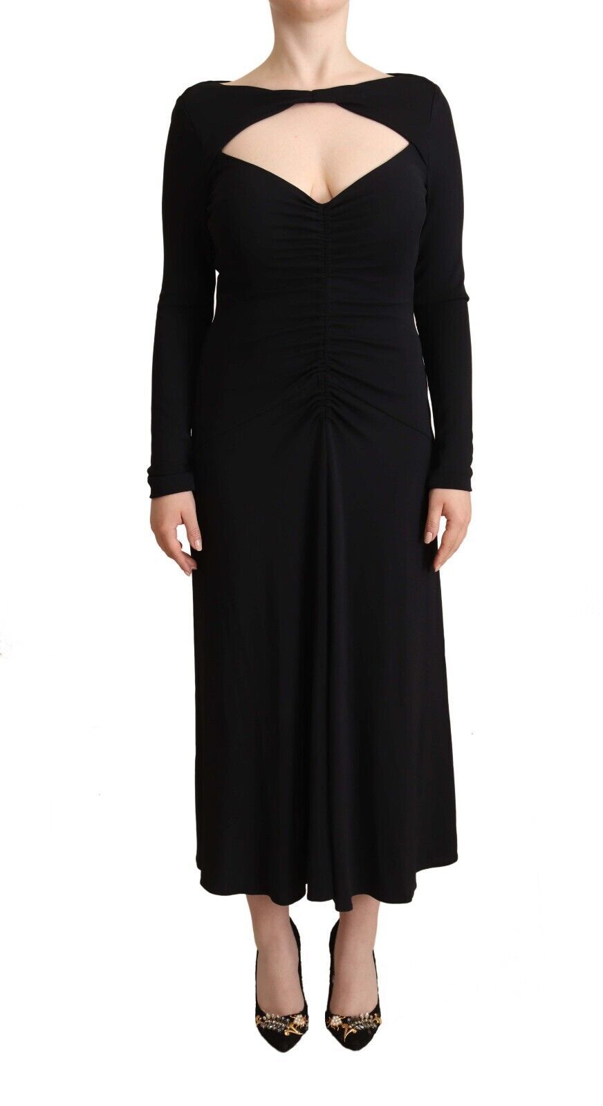 PINKO Black Nylon Stretch Long Sleeves Deep V-neck Maxi Dress PINKO