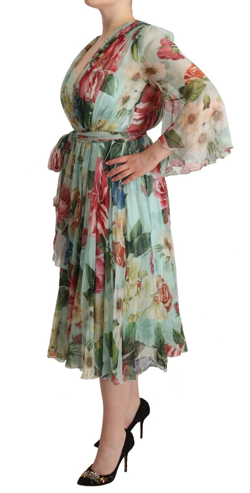 Dolce & Gabbana Green Floral Long Sleeves V-neck Midi Dress Dolce & Gabbana