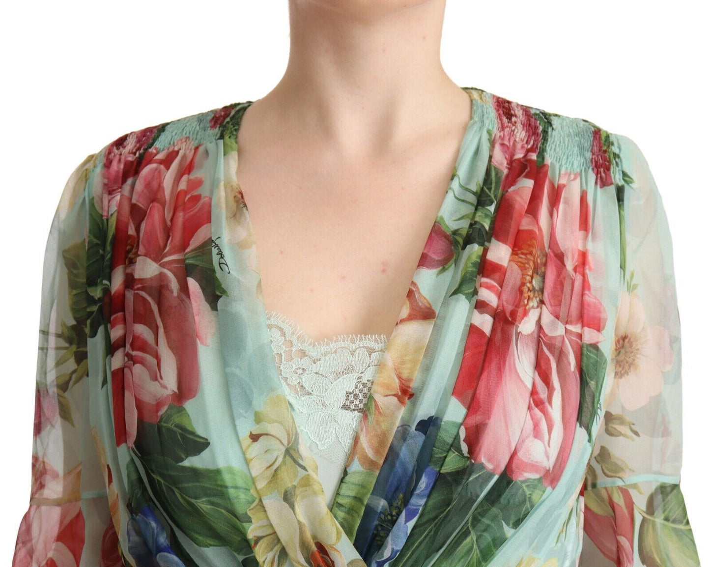 Dolce & Gabbana Green Floral Long Sleeves V-neck Midi Dress Dolce & Gabbana