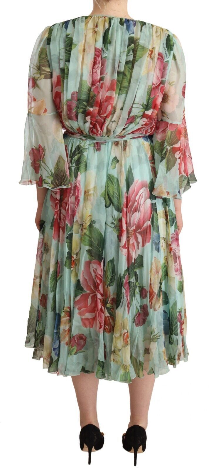 Dolce & Gabbana Green Floral Long Sleeves V-neck Midi Dress Dolce & Gabbana