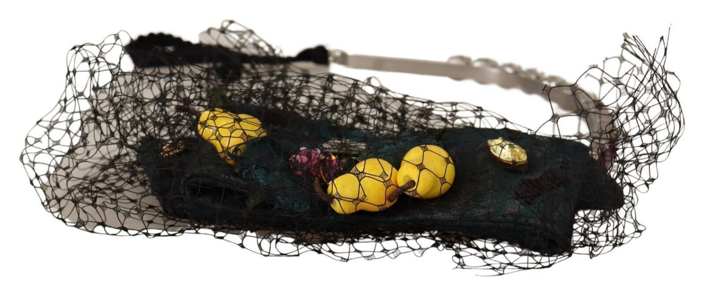 Dolce & Gabbana Silver Tiara Crystals Fruits Black Mesh Diadem Headband Dolce & Gabbana