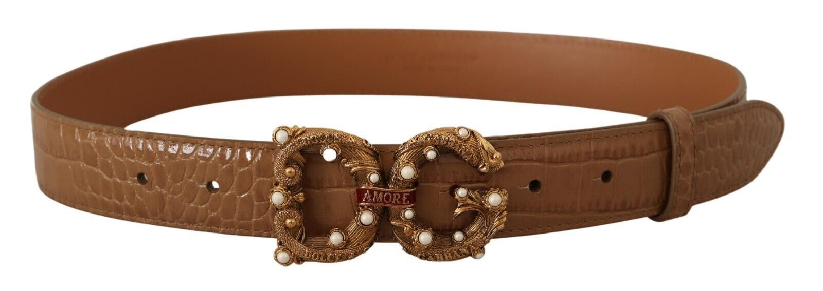 Dolce & Gabbana Brown Crocodile Pattern Leather Logo Amore Belt