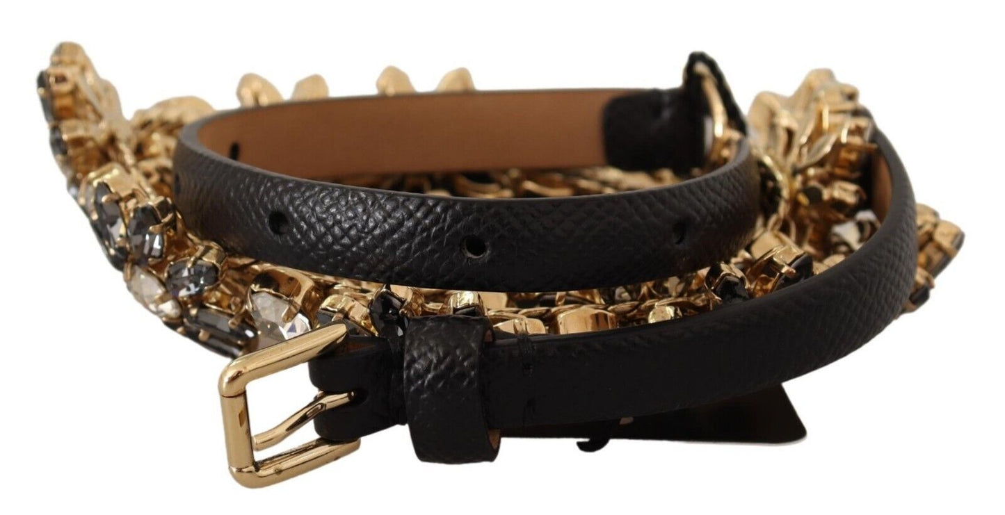 Dolce & Gabbana Black Daisy Crystal Dauphine Texture Belt Dolce & Gabbana