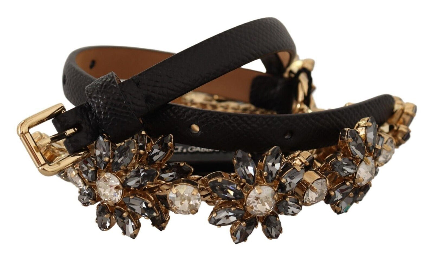 Dolce & Gabbana Black Daisy Crystal Dauphine Texture Belt Dolce & Gabbana